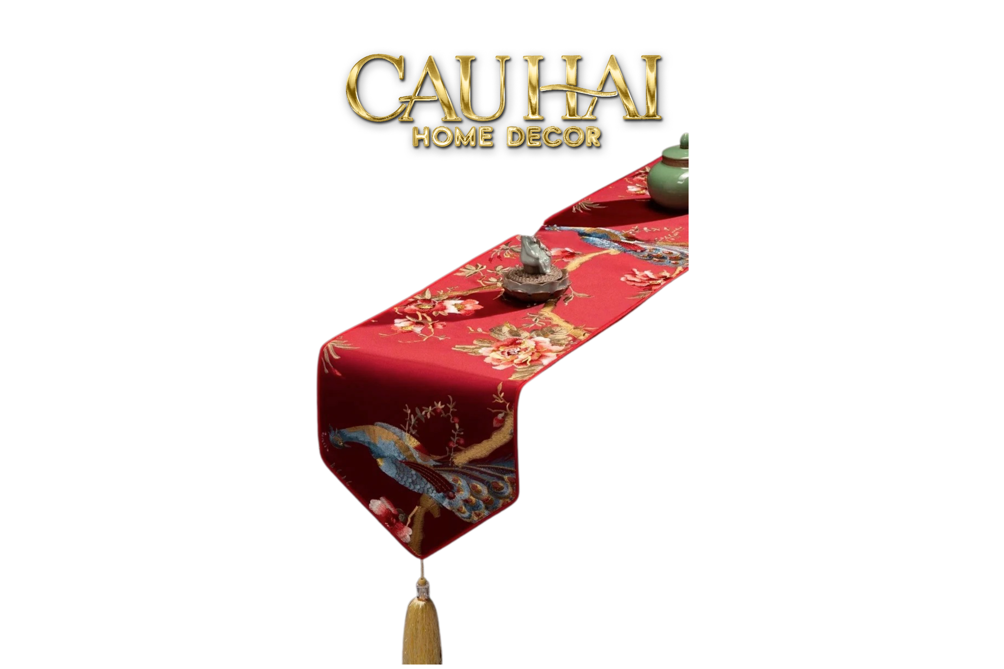 Tết Couture - Khăn Trải Bàn Lụa Thêu Chu Tước 2m4 - CẬU HAI HOME DECOR