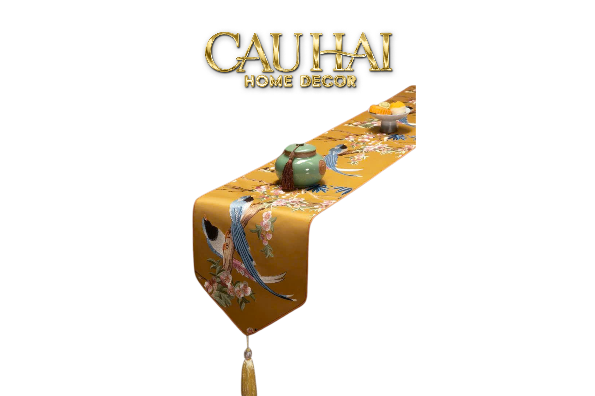Tết Couture - Khăn Trải Bàn Lụa Thêu Kim Hoàng Điểu 2m4 - CẬU HAI HOME DECOR