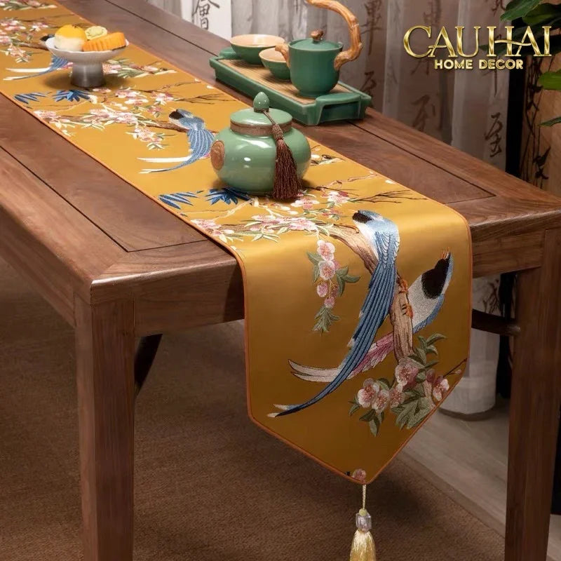 Tết Couture - Khăn Trải Bàn Lụa Thêu Kim Hoàng Điểu 2m4 Luxury Embroidered Silk Table Runner-CẬU HAI HOME DECOR