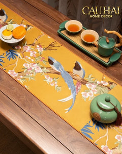 Tết Couture - Khăn Trải Bàn Lụa Thêu Kim Hoàng Điểu 2m4 Luxury Embroidered Silk Table Runner-CẬU HAI HOME DECOR