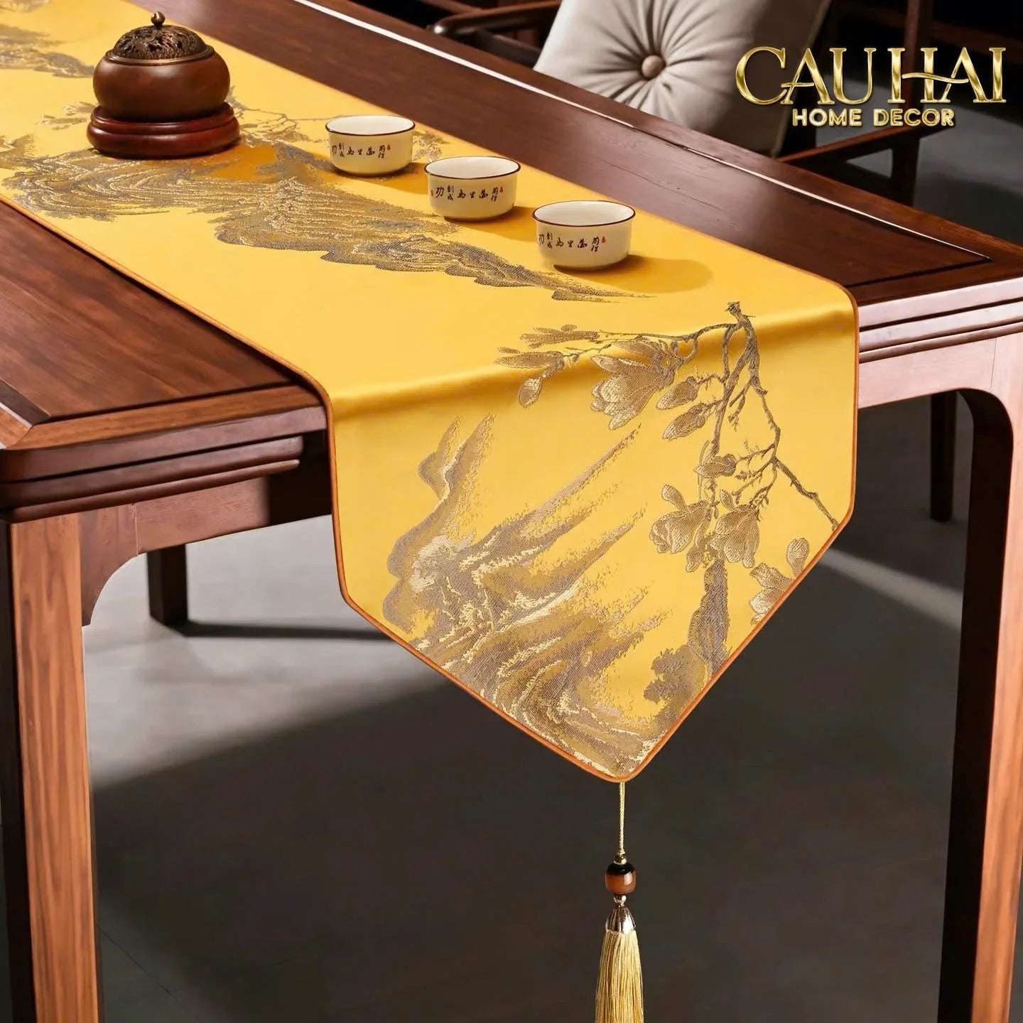 Tết Couture - Khăn Trải Bàn Lụa Thêu Kim Sơn Thuỷ Đồ 2m7 & 3m Table Runner-CẬU HAI HOME DECOR