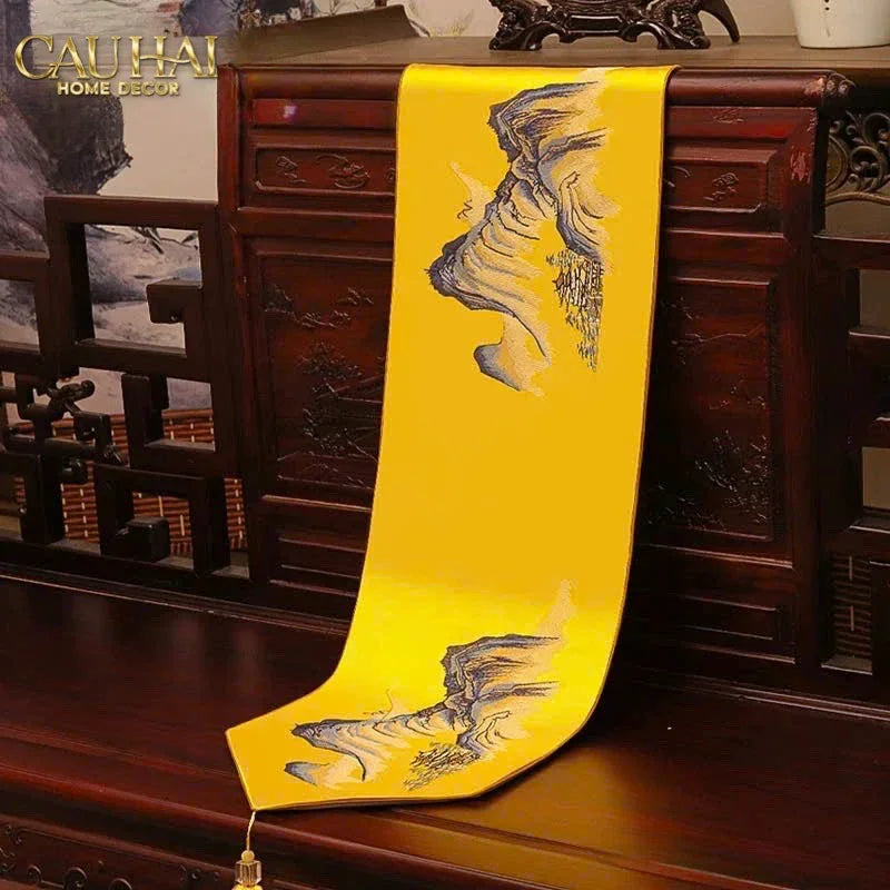 Tết Couture - Khăn Trải Bàn Lụa Thêu Kim Sơn Thuỷ Đồ 2m7 & 3m Table Runner-KHĂN TRẢI BÀN-Đối tác tại Trung Quốc theo từng đơn đặt hàng-CẬU HAI HOME DECOR