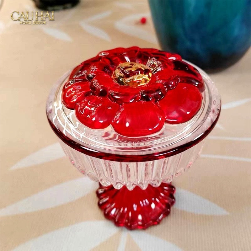 Tết Couture - Lọ Kẹo Thuỷ Tinh Ruby Flora Jello Bonbonnière - CẬU HAI HOME DECOR