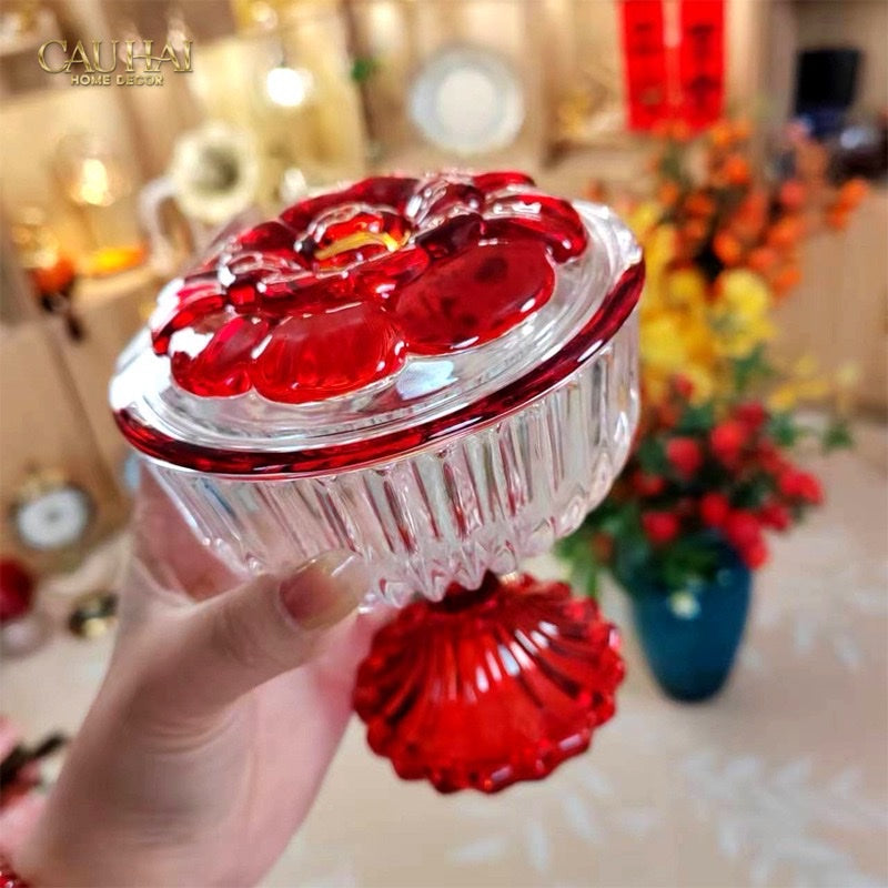 Tết Couture - Lọ Kẹo Thuỷ Tinh Ruby Flora Jello Bonbonnière - CẬU HAI HOME DECOR