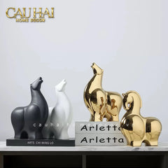 Tết Couture - Set 2 Tượng Ngựa Sứ Tráng Men Mạ Vàng Golden Cheval de Fortune H22/25-CẬU HAI HOME DECOR