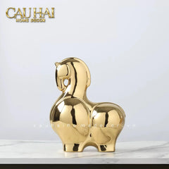 Tết Couture - Set 2 Tượng Ngựa Sứ Tráng Men Mạ Vàng Golden Cheval de Fortune H22/25-CẬU HAI HOME DECOR