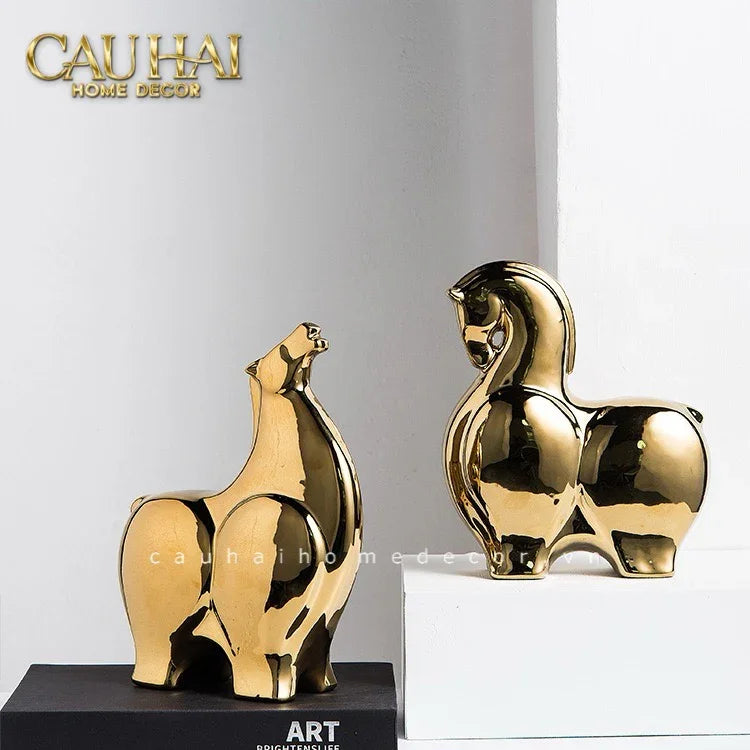 Tết Couture - Set 2 Tượng Ngựa Sứ Tráng Men Mạ Vàng Golden Cheval de Fortune H22/25-CẬU HAI HOME DECOR