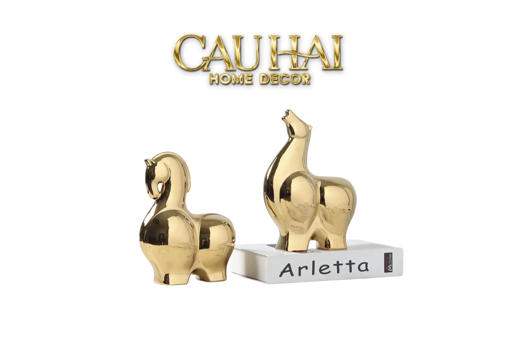 Tết Couture - Set 2 Tượng Ngựa Sứ Tráng Men Mạ Vàng Golden Cheval de Fortune H22/25-CẬU HAI HOME DECOR