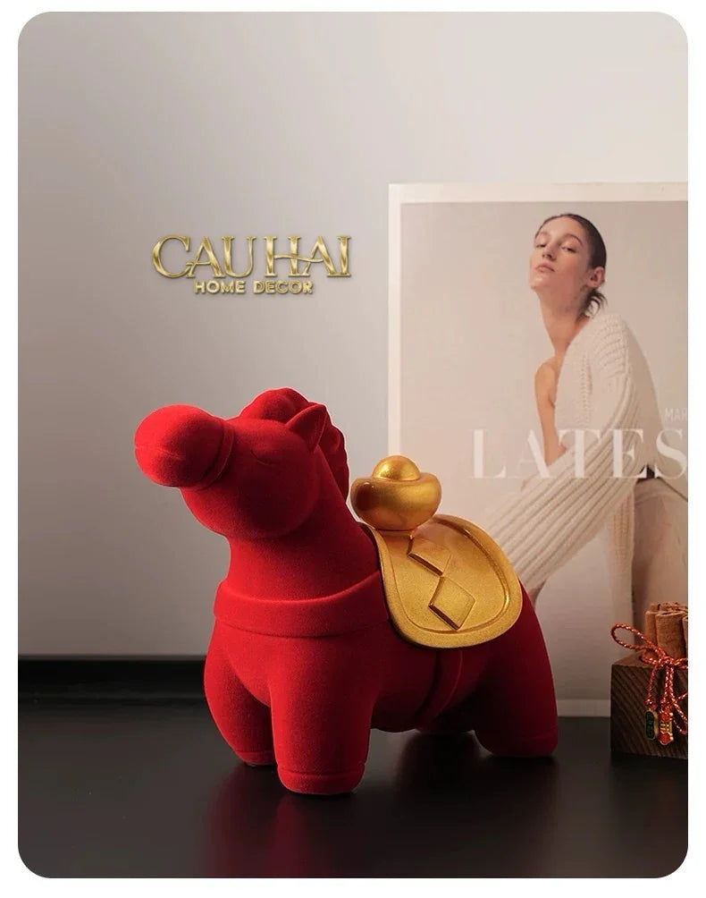Tết Couture - Tượng Ngựa Nhung Đỏ Hồng Mã Nguyên Bảo Red Velvet Lucky Horse-CẬU HAI HOME DECOR