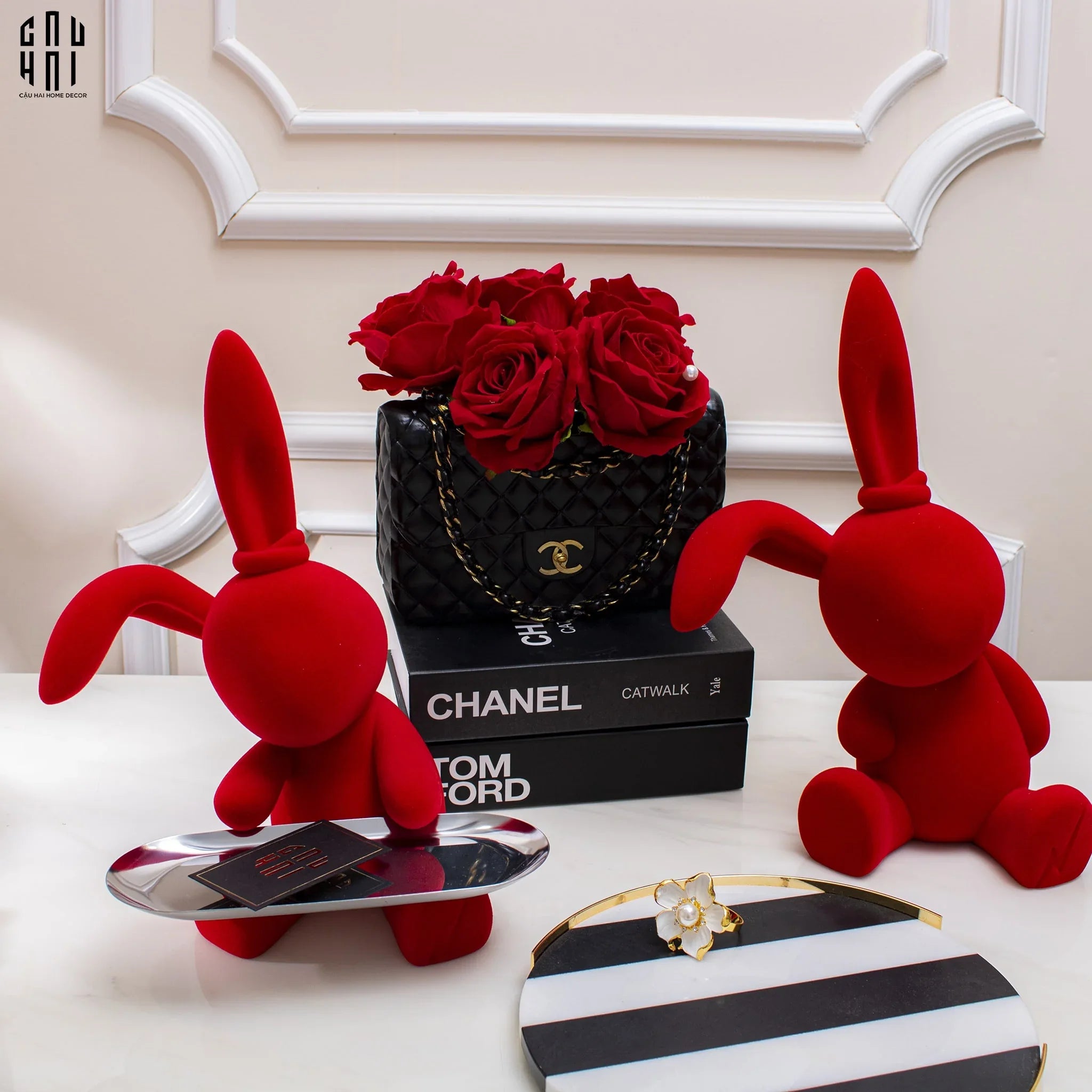Tết Couture - Tượng Thỏ Figurine Rouge Velour Joli Lapin H30 - CẬU HAI HOME DECOR