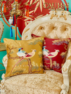 Tết Couture - Vỏ Gối Lụa Thêu Kim /Hỷ Song Thuỵ Nghinh Tân 45-CẬU HAI HOME DECOR