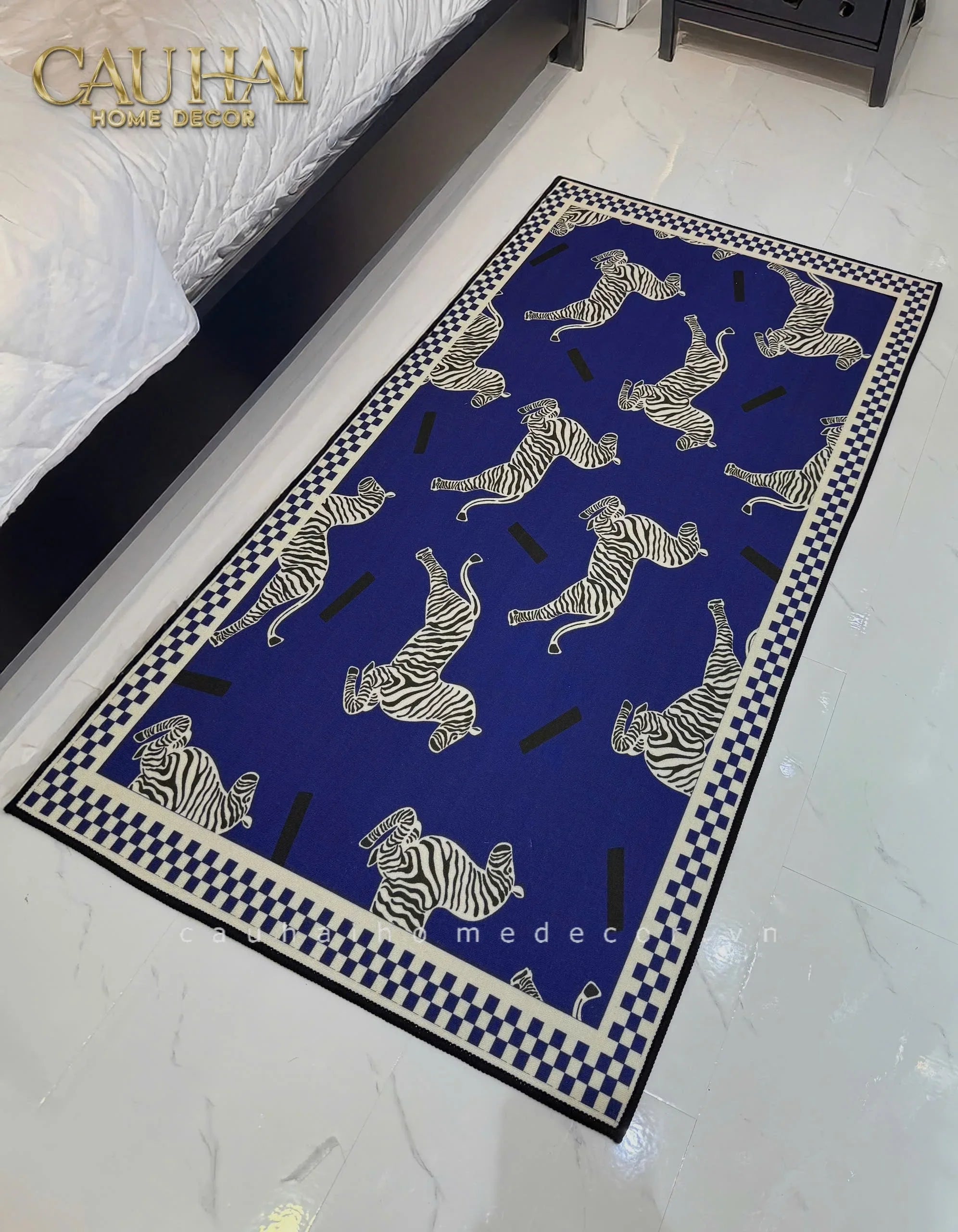 Thảm Bed Nhung Bỉ 80X160 - Zebra Dance - Dark Navy-CẬU HAI HOME DECOR