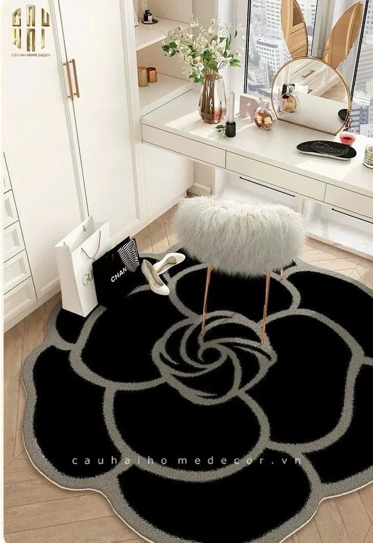Thảm Bed Tròn Dệt Kim Hoa Trà Đen D100 Camélia Noir-CẬU HAI HOME DECOR