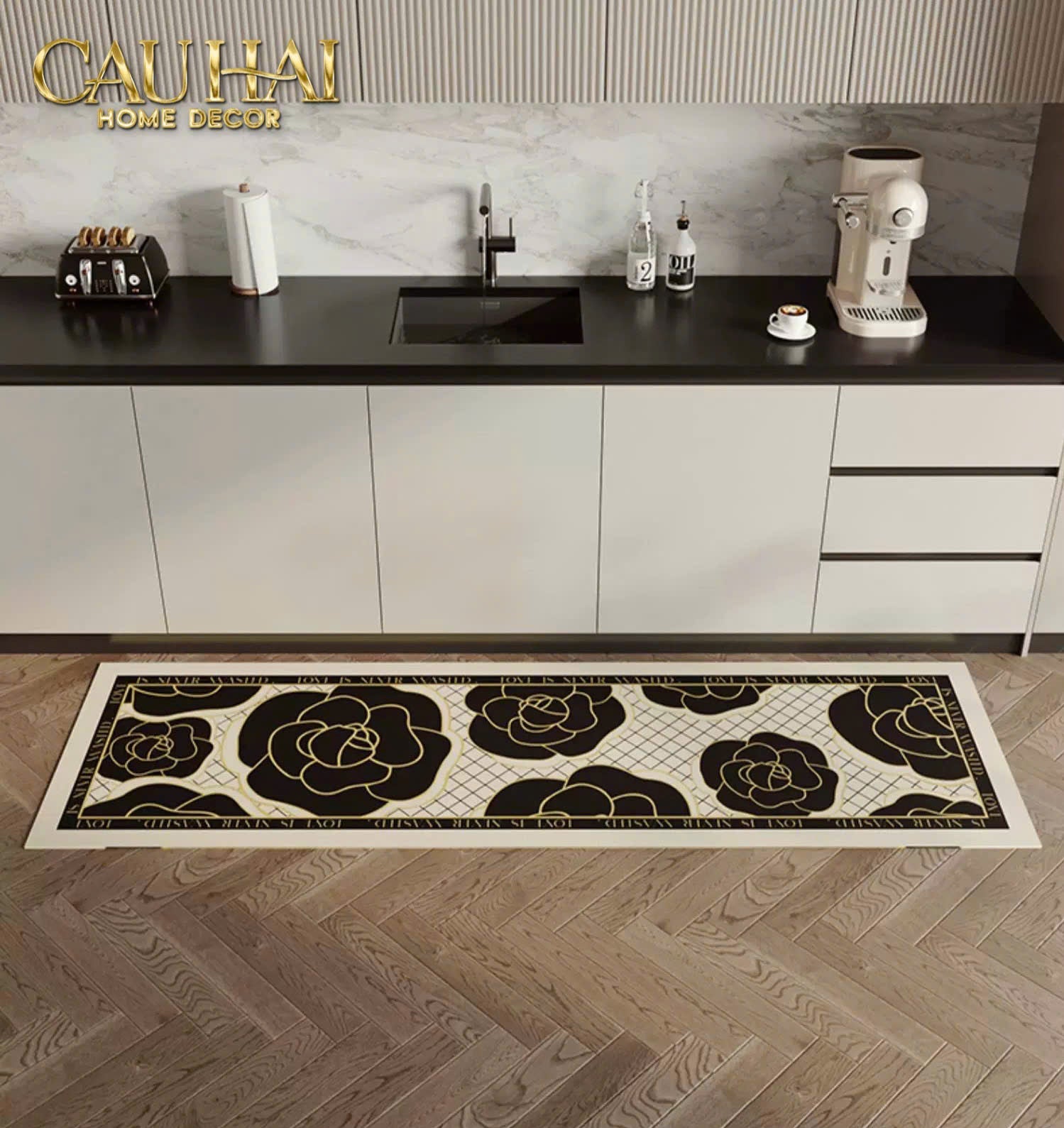 Thảm Bếp Da 150 Black Roses Spell In Bloom - CẬU HAI HOME DECOR