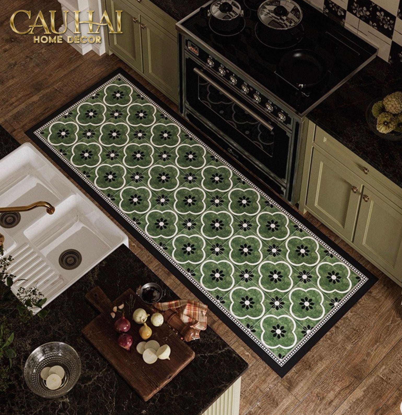 Thảm Cửa Da Cao Cấp - Water & Oil Repellent 60X90 - Olive Green Petals-CẬU HAI HOME DECOR