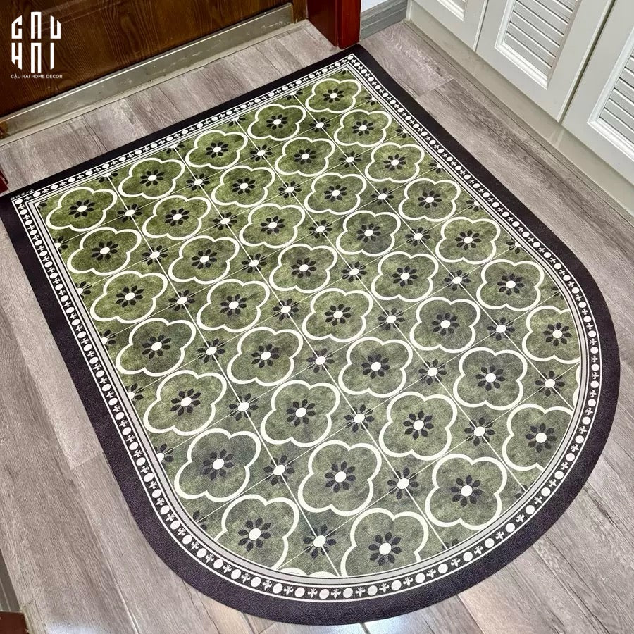 Thảm Cửa Da Oval - 90X120 Olive Green Petals-CẬU HAI HOME DECOR