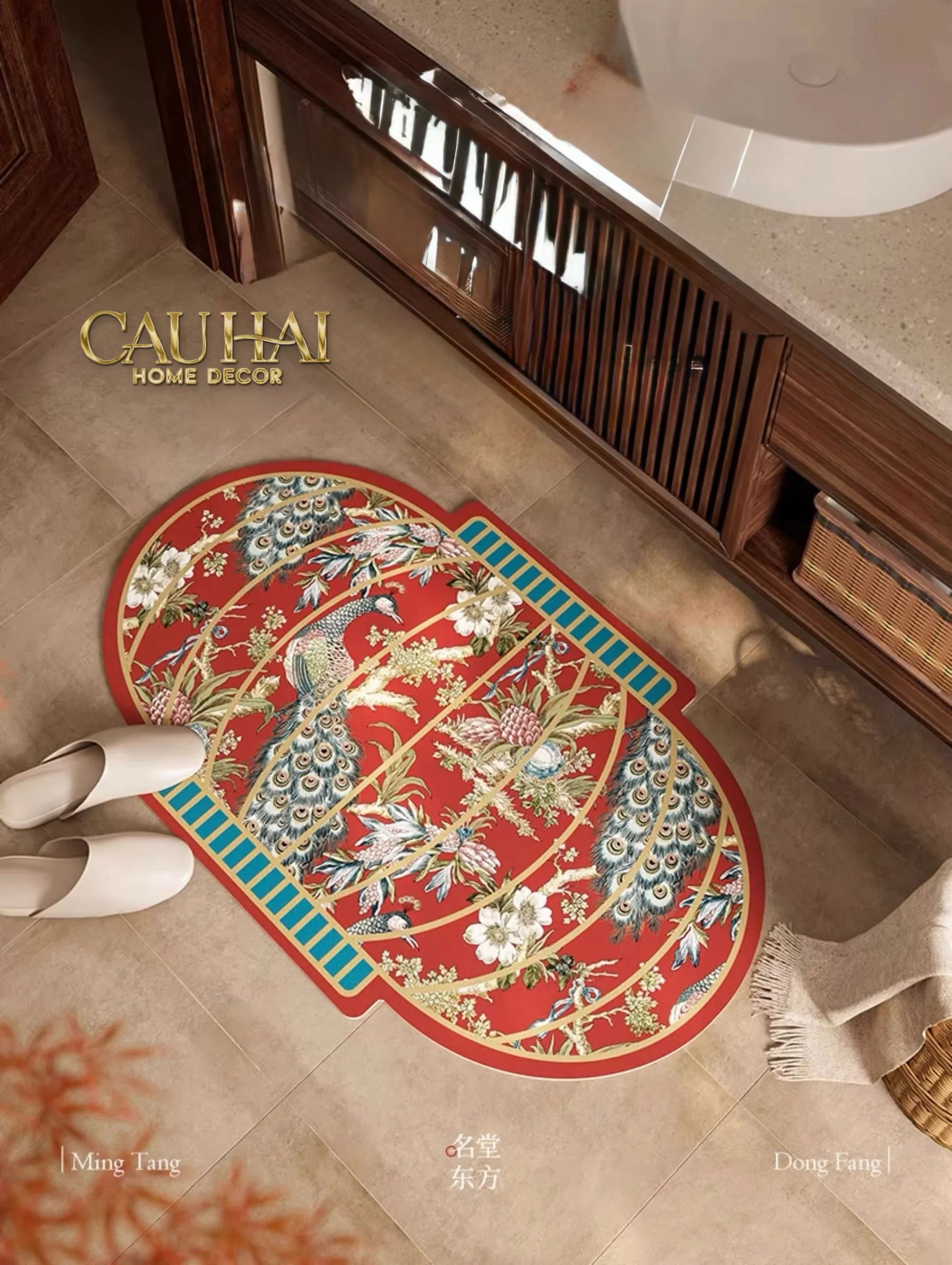 Thảm Cửa Micro Nappa Gen8 50x80 - Khổng Tước Hỷ Mãn Đường - Lantern Dynasty Paon-CẬU HAI HOME DECOR