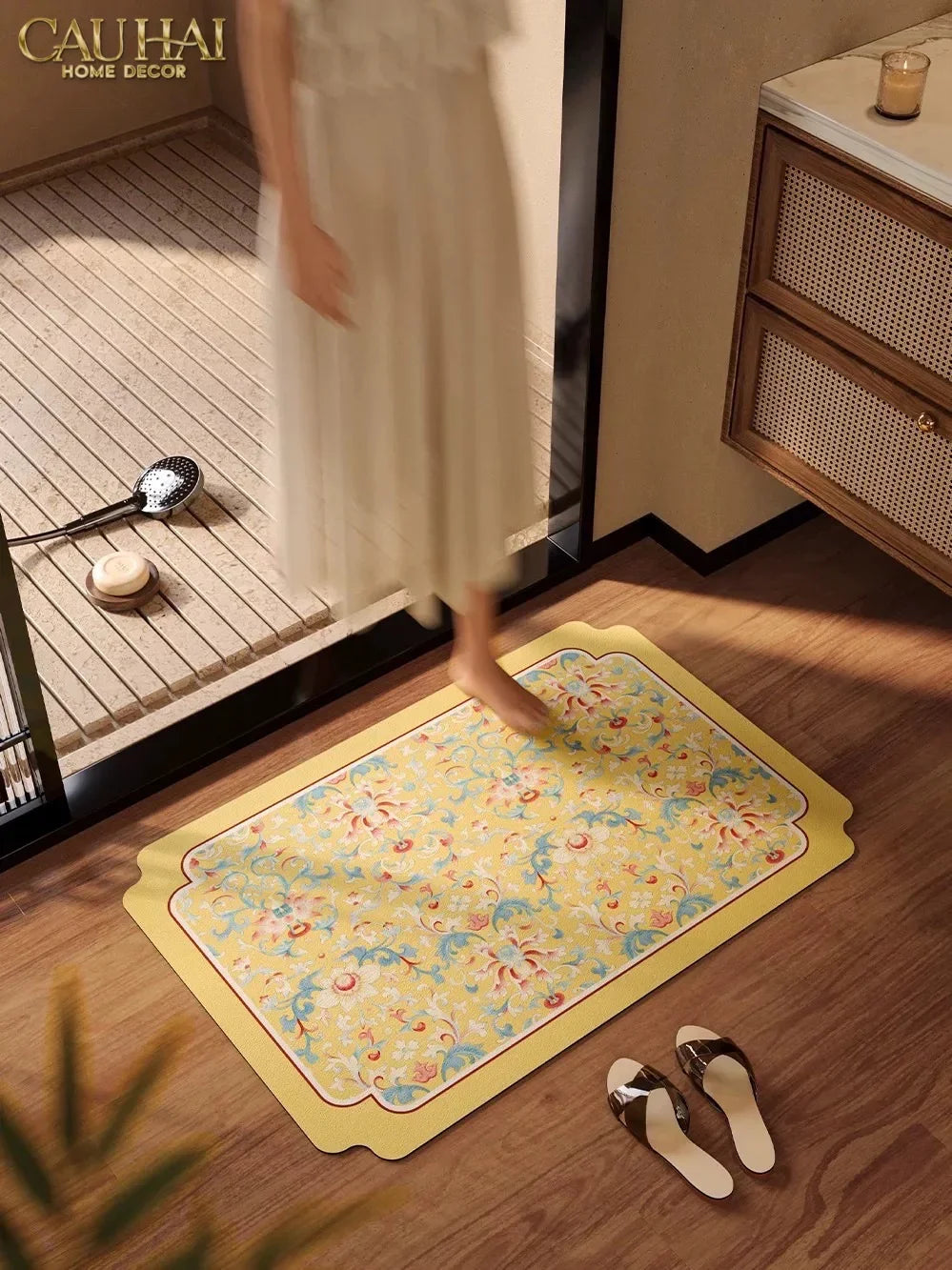 Thảm Cửa Microfiber 50x75 Hoa Văn Đối Xứng - Florals en Pastel Symétrique-CẬU HAI HOME DECOR