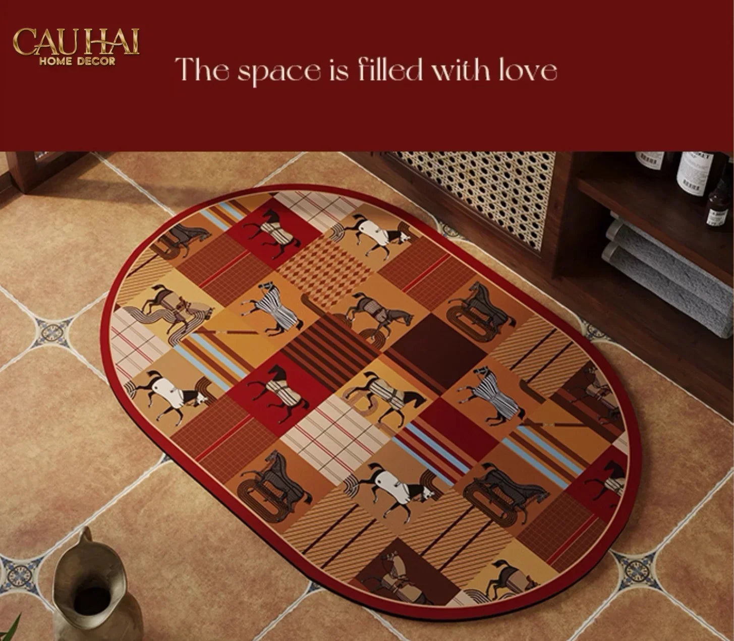 Thảm Cửa Microfiber 50x75 Patina Héritage Brun Patchwork Équestre-CẬU HAI HOME DECOR