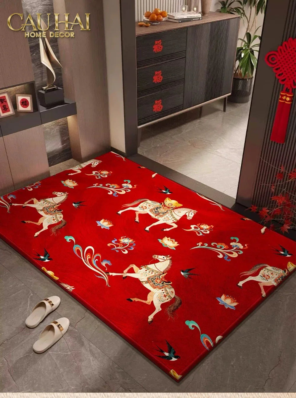 Thảm Cửa Nhung Bỉ 80x100 - Chu Mã Tứ Hỷ - Crimson Rouge Chevaux Royaux-CẬU HAI HOME DECOR