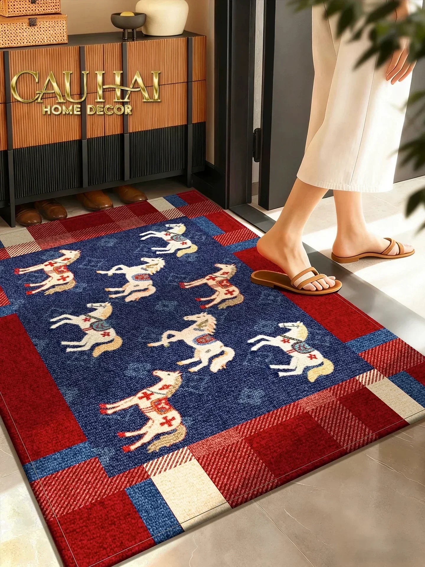 Thảm Cửa Sợi Dệt 60x90 Ngựa Hoàng Gia - Petite Équestre Royale Bleu Fleur de Monogram-CẬU HAI HOME DECOR