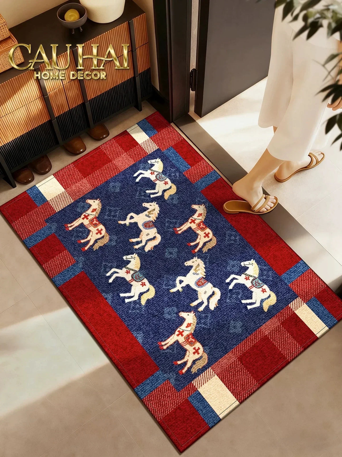 Thảm Cửa Sợi Dệt 60x90 Ngựa Hoàng Gia - Petite Équestre Royale Bleu Fleur de Monogram-THẢM CỬA-CẬU HAI HOME DECOR
