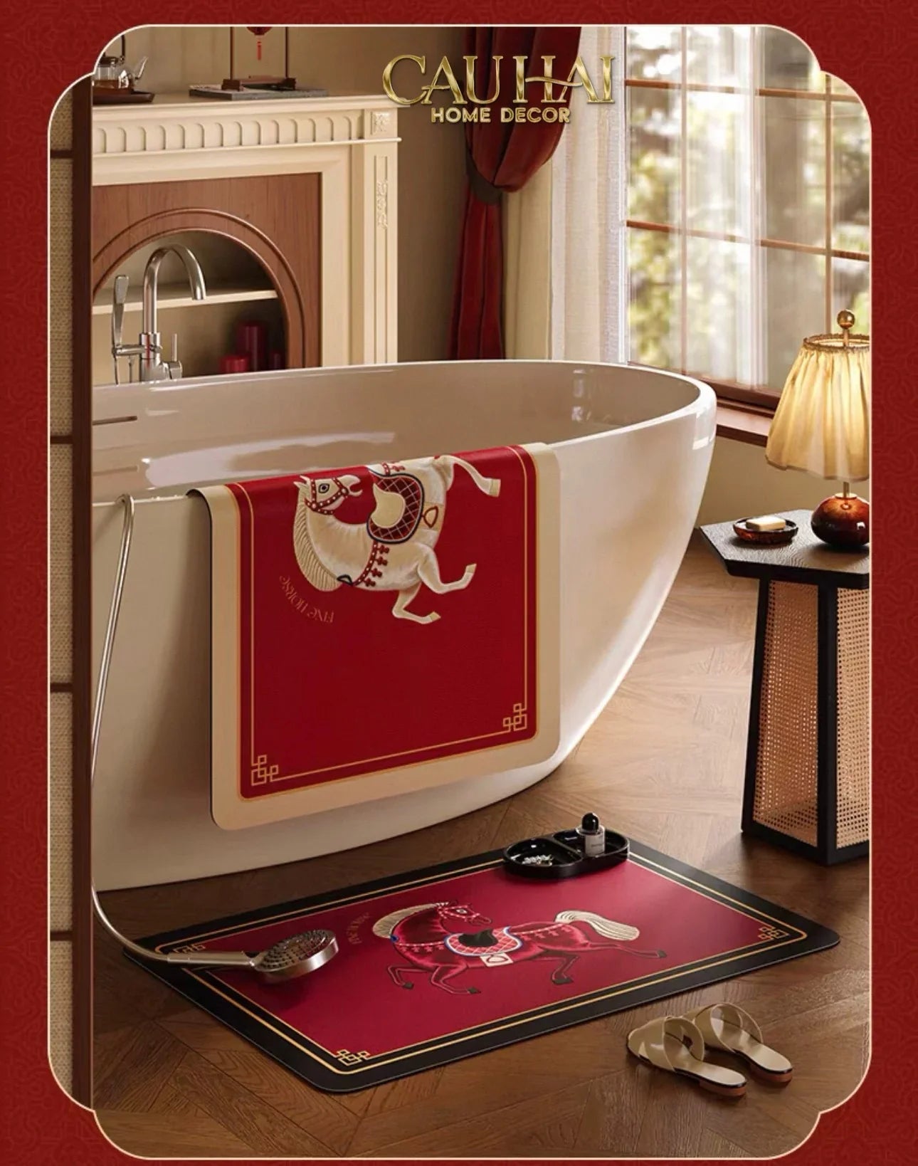 Thảm Cửa / Thảm Bathroom Micro Nappa Gen8 55x90 - Impérial Équestre Embroidered Cheval - Ruby Rouge-CẬU HAI HOME DECOR