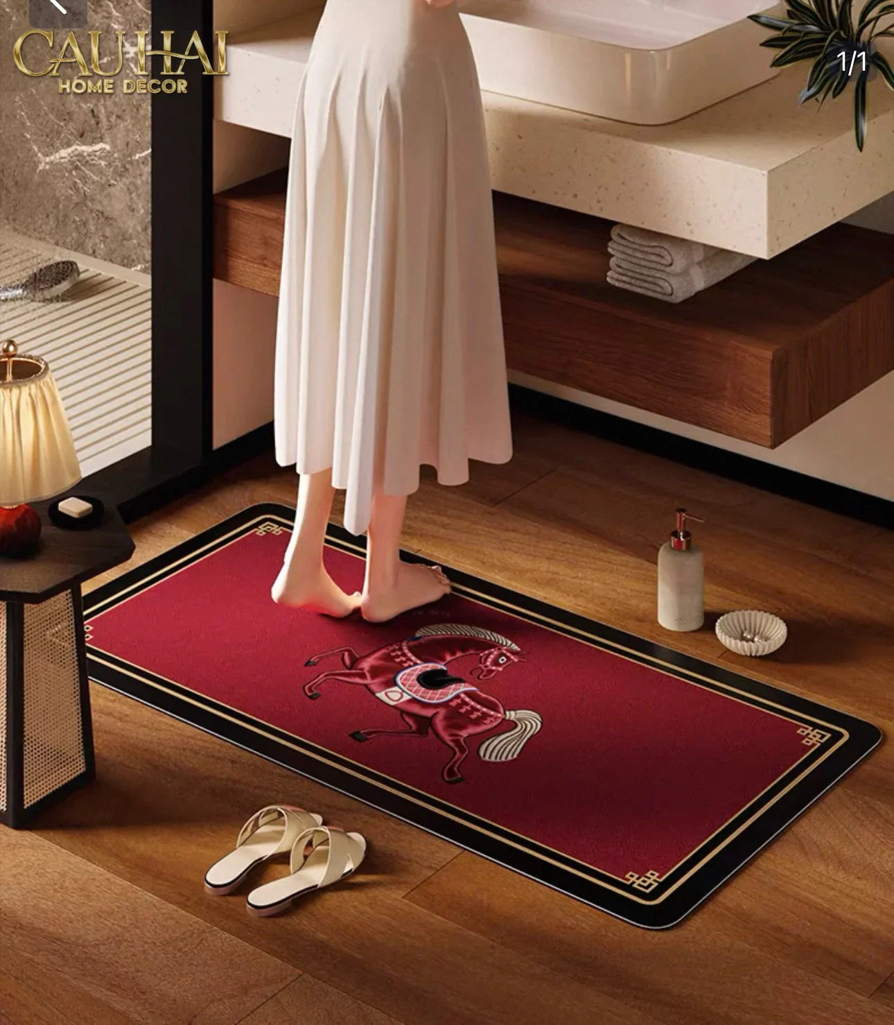 Thảm Cửa / Thảm Bathroom Micro Nappa Gen8 55x90 - Impérial Équestre Embroidered Cheval - Ruby Rouge-CẬU HAI HOME DECOR