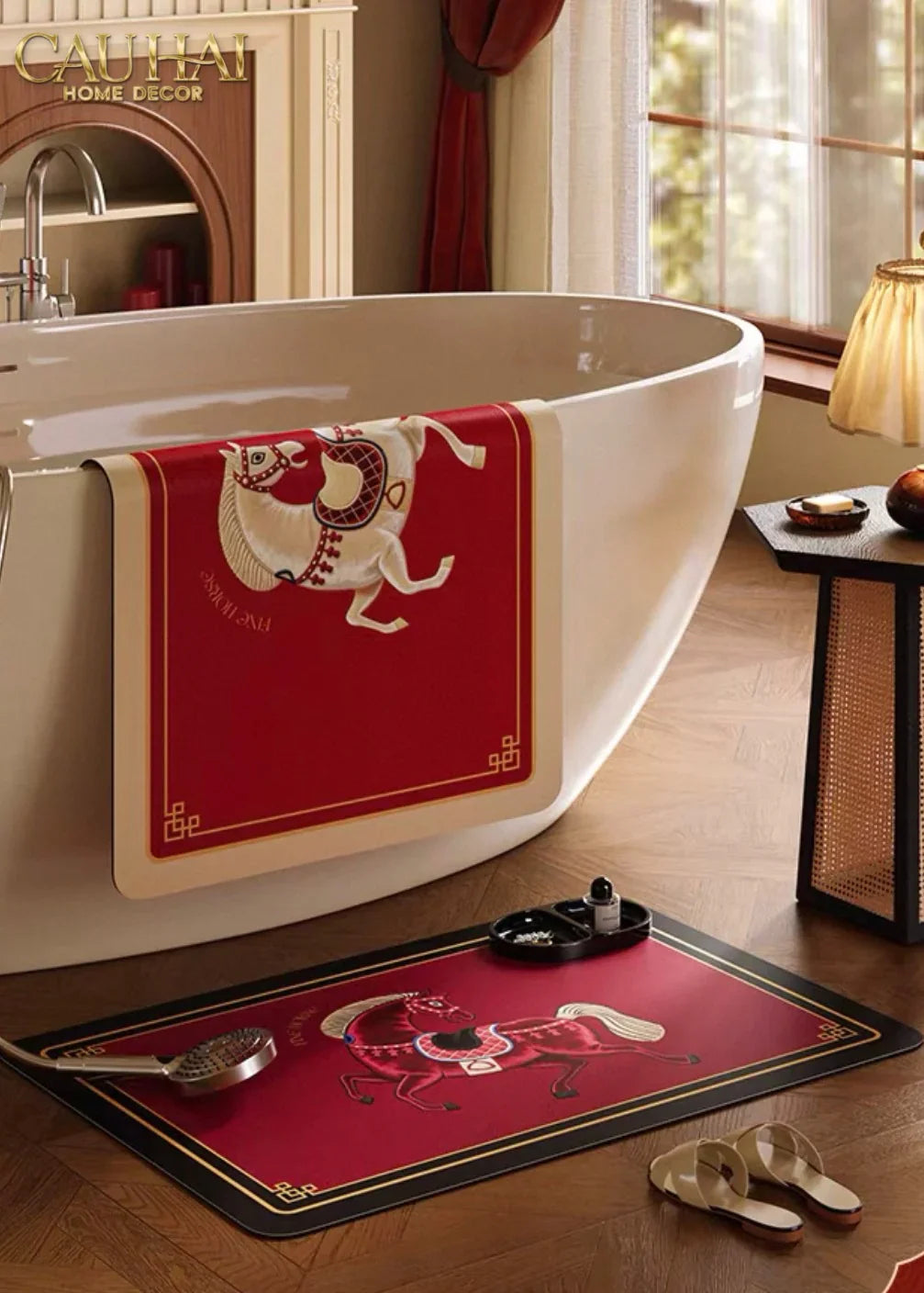 Thảm Cửa / Thảm Bathroom Micro Nappa Gen8 55x90 - Impérial Équestre Embroidered Cheval - Ruby Rouge-CẬU HAI HOME DECOR