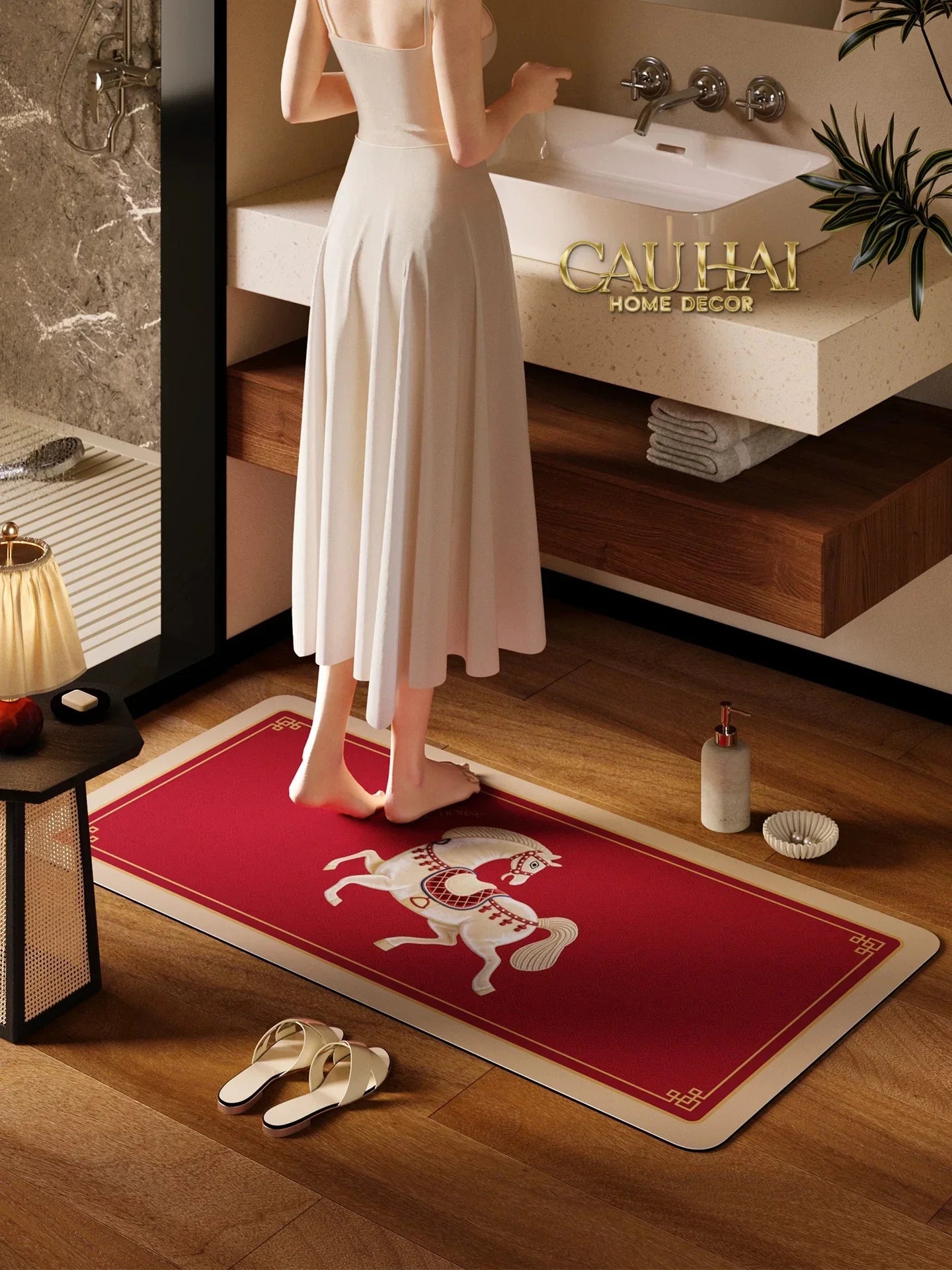 Thảm Cửa / Thảm Bathroom Micro Nappa Gen8 55x90 - Impérial Équestre Embroidered Cheval - Ruby Rouge-CẬU HAI HOME DECOR