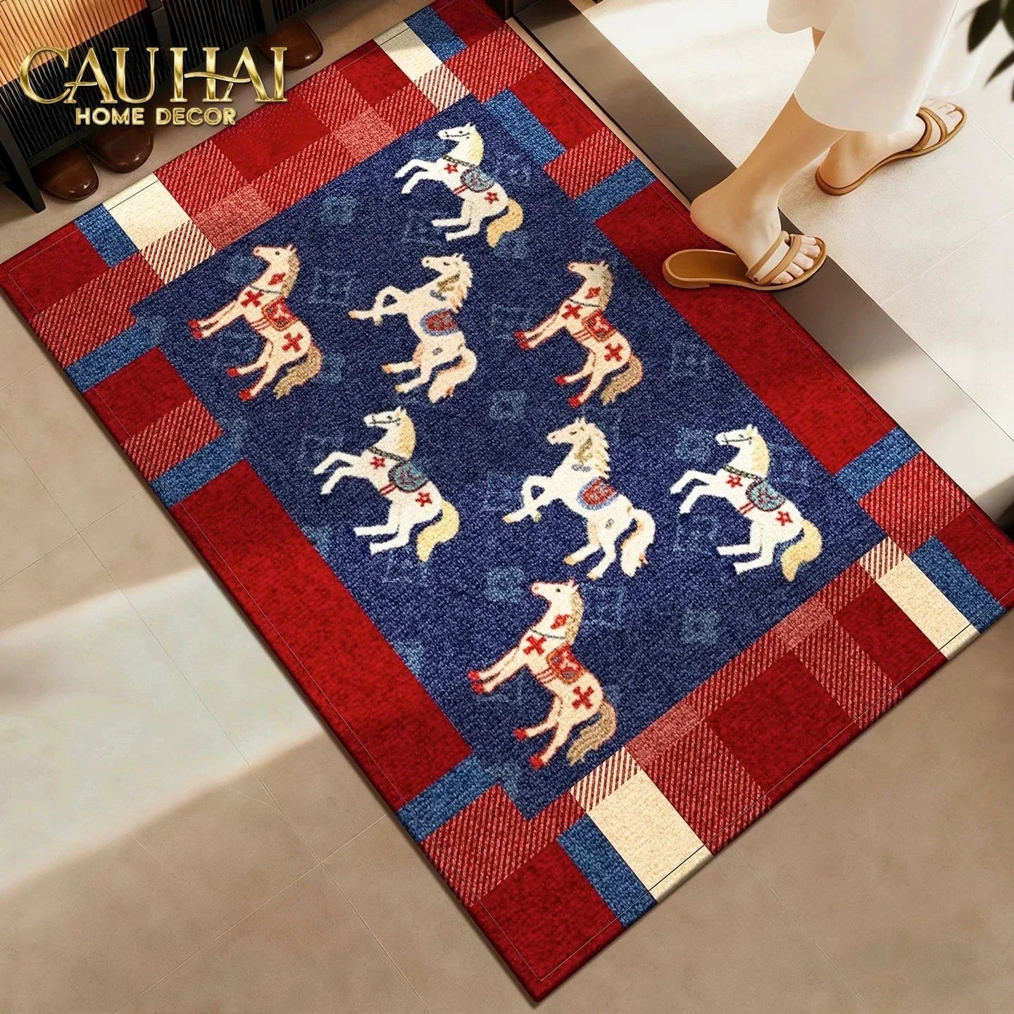 Thảm Cửa Vuông Thang Máy 120x120 Ngựa Hoàng Gia - Équestre Royale Bleu Fleur de Monogram-CẬU HAI HOME DECOR