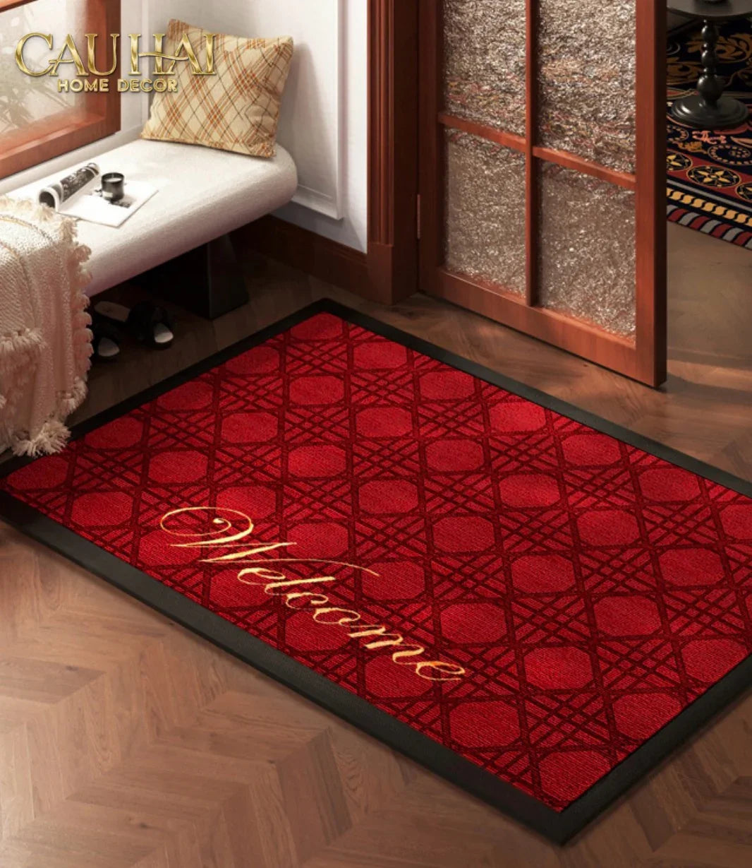 Thảm Ngăn Bụi Sợi Poly Dệt 80x100 Rouge Cannage Bienvenue - Dập Viền Da-CẬU HAI HOME DECOR