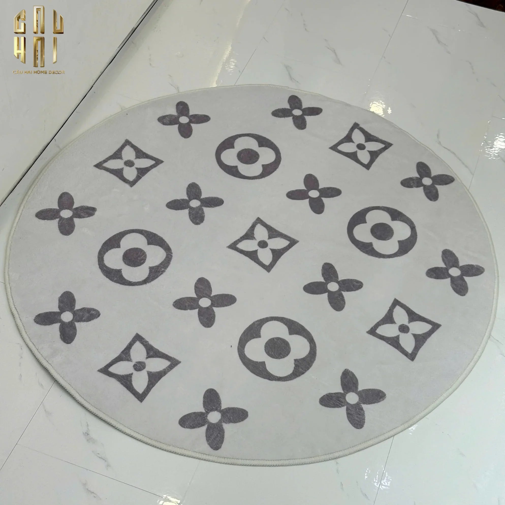 Thảm Tròn Dệt Kim - Fleur D’Ivoire Monogram D100-CẬU HAI HOME DECOR