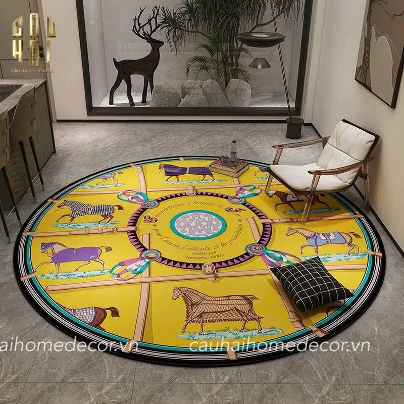 THẢM TRÒN NHUNG BỈ D100 - ROUND CARPET JAUNE BLEU RENAISSANCE-CẬU HAI HOME DECOR