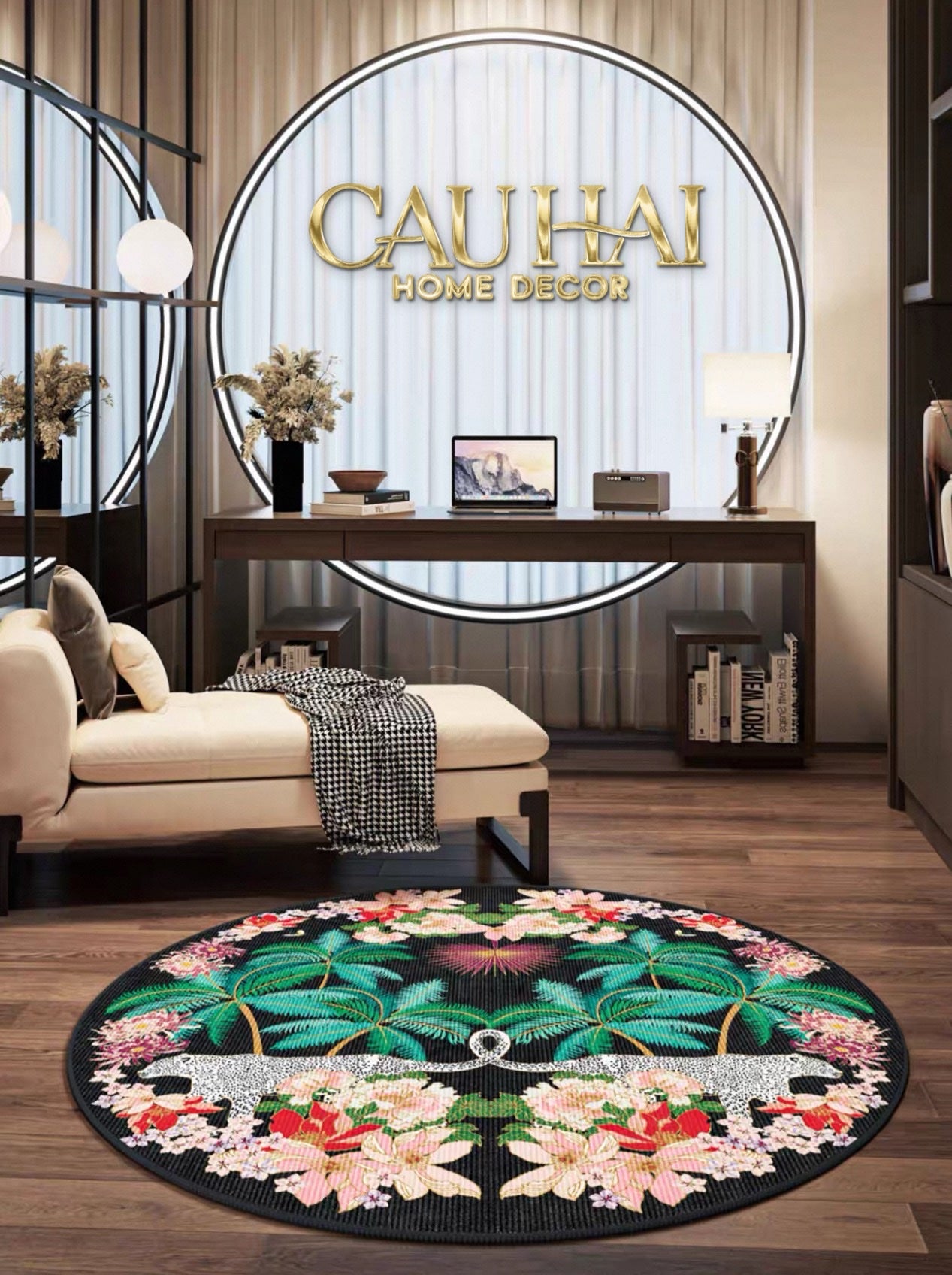 Thảm Tròn Nhung Bỉ D160 - Nocturne Jungle Panthera - CẬU HAI HOME DECOR