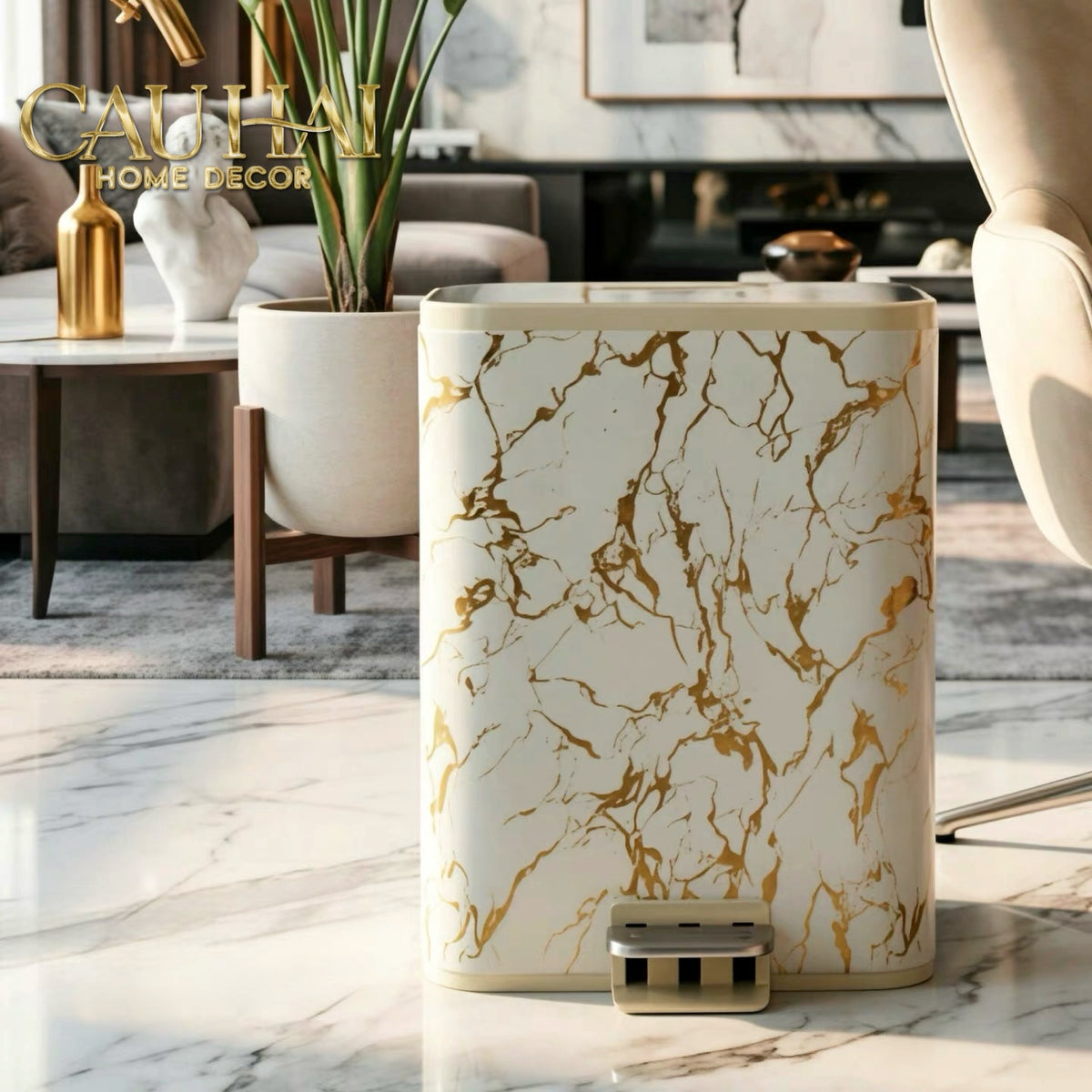 Thùng Rác Bọc Da Đạp Chân Thép Marble Silencieux Ivory 25L-CẬU HAI HOME DECOR
