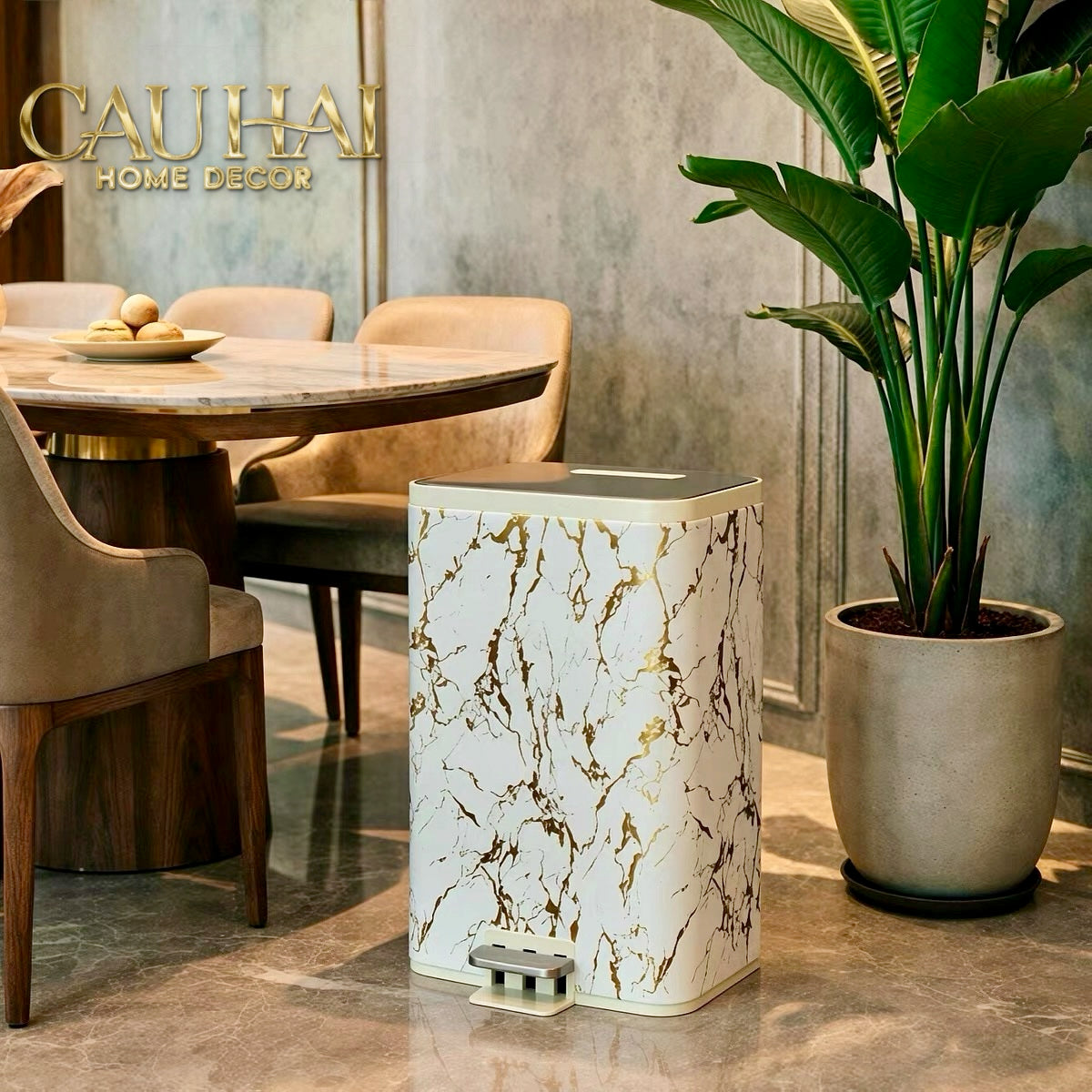 Thùng Rác Bọc Da Đạp Chân Thép Marble Silencieux Ivory 25L-CẬU HAI HOME DECOR