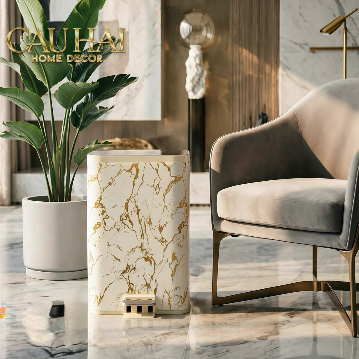 Thùng Rác Bọc Da Đạp Chân Thép Marble Silencieux Ivory 25L-CẬU HAI HOME DECOR
