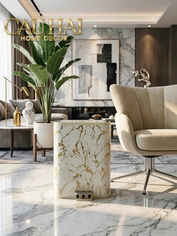 Thùng Rác Bọc Da Đạp Chân Thép Marble Silencieux Ivory 25L-CẬU HAI HOME DECOR