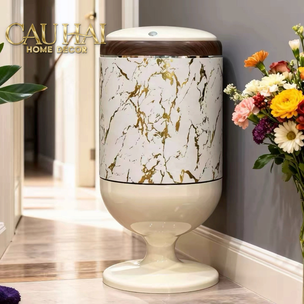 Thùng Rác Bọc Da Vân Đá Marble Pedestal Silencieux 20L-Thùng Rác-CẬU HAI HOME DECOR