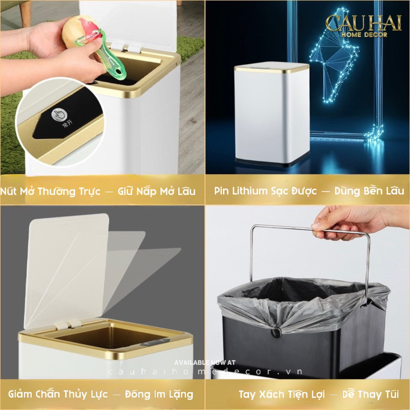 Thùng Rác Cảm Biến Vuông - Gold Ligne Hybrid Trash Cans 15L-CẬU HAI HOME DECOR