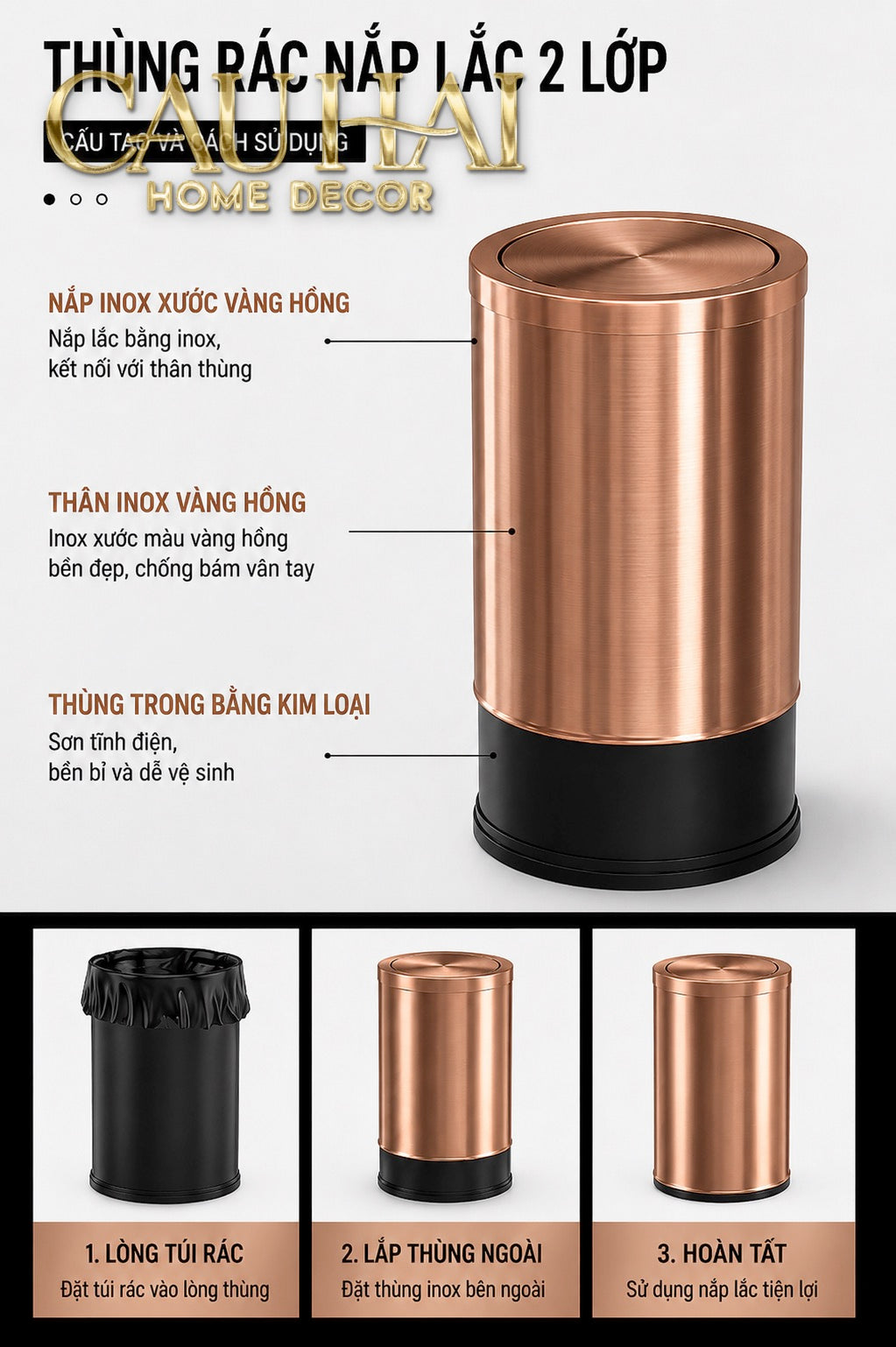 Thùng Rác Inox Monolith Bronze Trash Cans 9L 20x31-Thùng Rác-CẬU HAI HOME DECOR