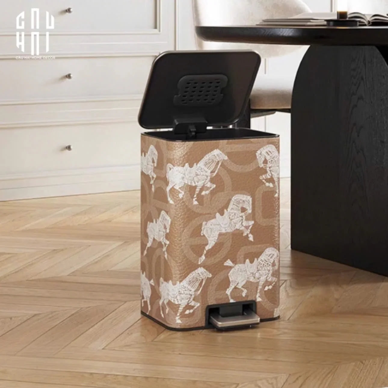 THÙNG RÁC VUÔNG CAO CẤP BỌC DA WHITE HORSE 15L-CẬU HAI HOME DECOR