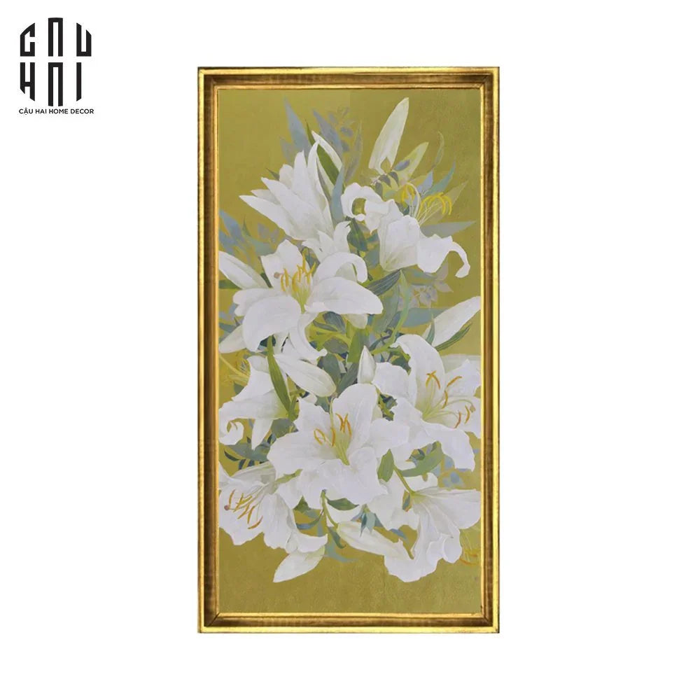 TRANH CANVAS HOA LY TRẮNG 70X130 CM - KHUNG CỔ ĐIỂN - WHITE LILY 70X130 CM-CẬU HAI HOME DECOR