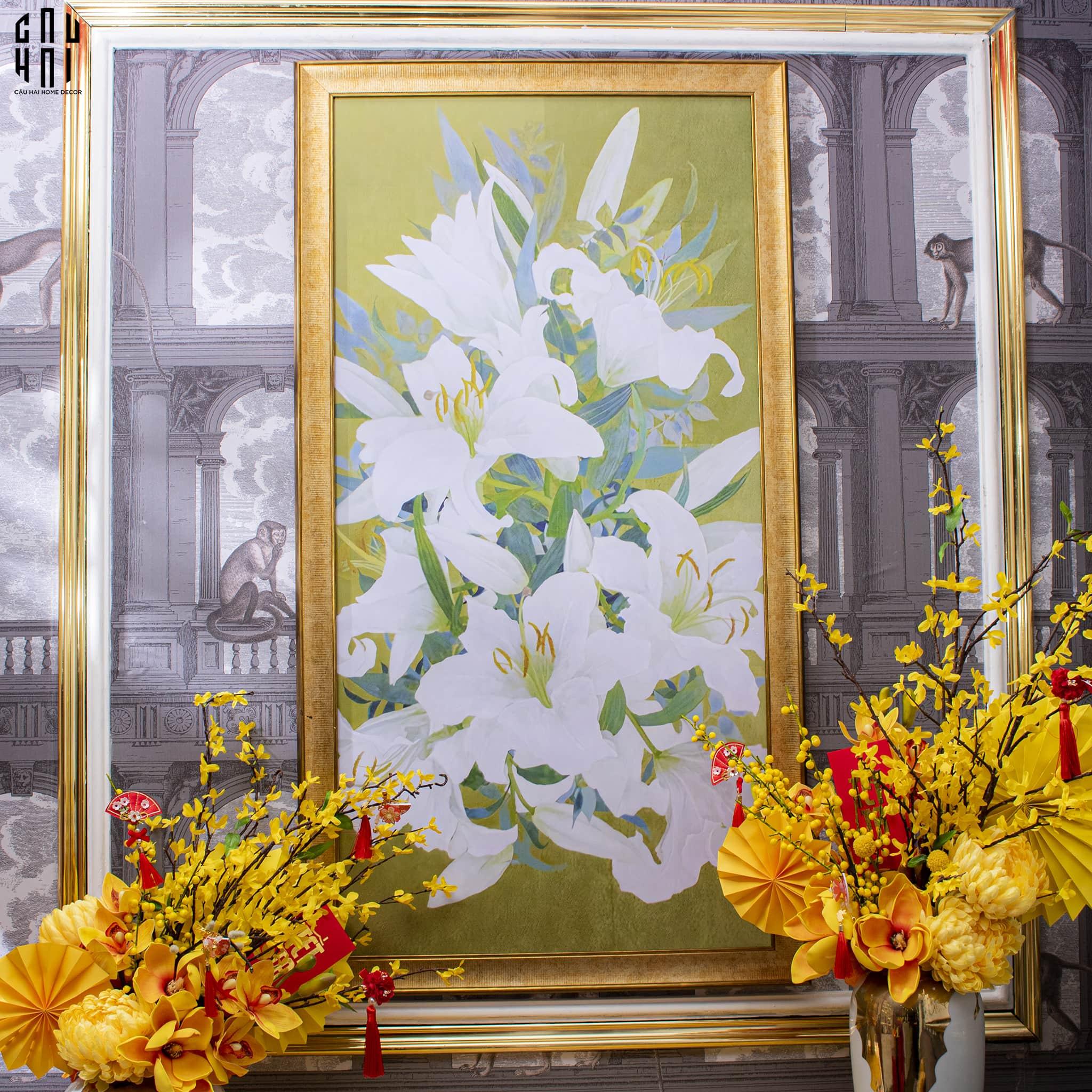 TRANH CANVAS HOA LY TRẮNG 70X130 CM - KHUNG CỔ ĐIỂN - WHITE LILY 70X130 CM-CẬU HAI HOME DECOR