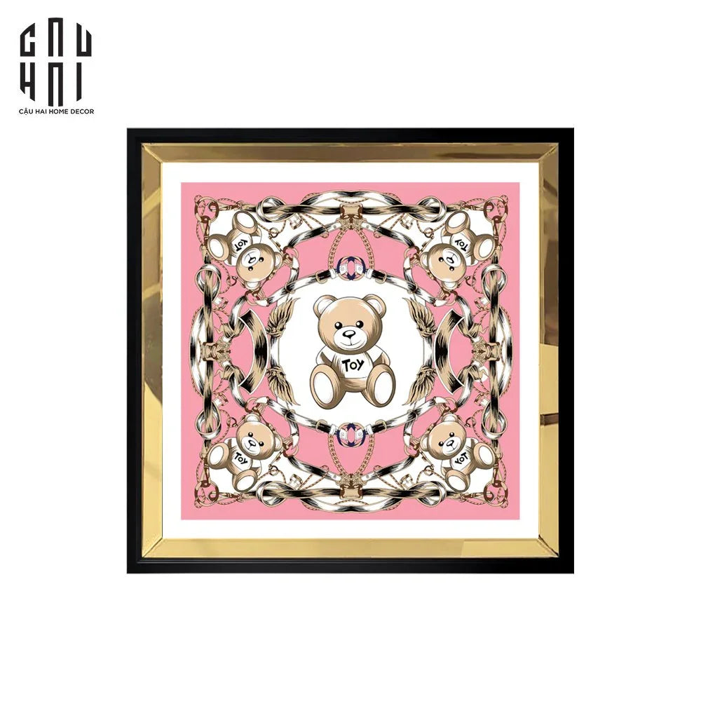 TRANH CANVAS PINKY BEAR 94X94CM - VIỀN GỖ CÓ KÍNH-CẬU HAI HOME DECOR