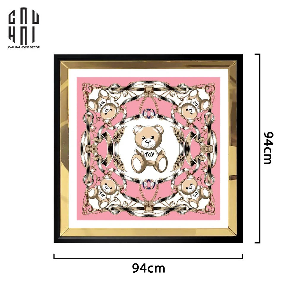 TRANH CANVAS PINKY BEAR 94X94CM - VIỀN GỖ CÓ KÍNH-CẬU HAI HOME DECOR
