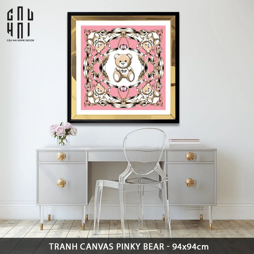 TRANH CANVAS PINKY BEAR 94X94CM - VIỀN GỖ CÓ KÍNH-CẬU HAI HOME DECOR
