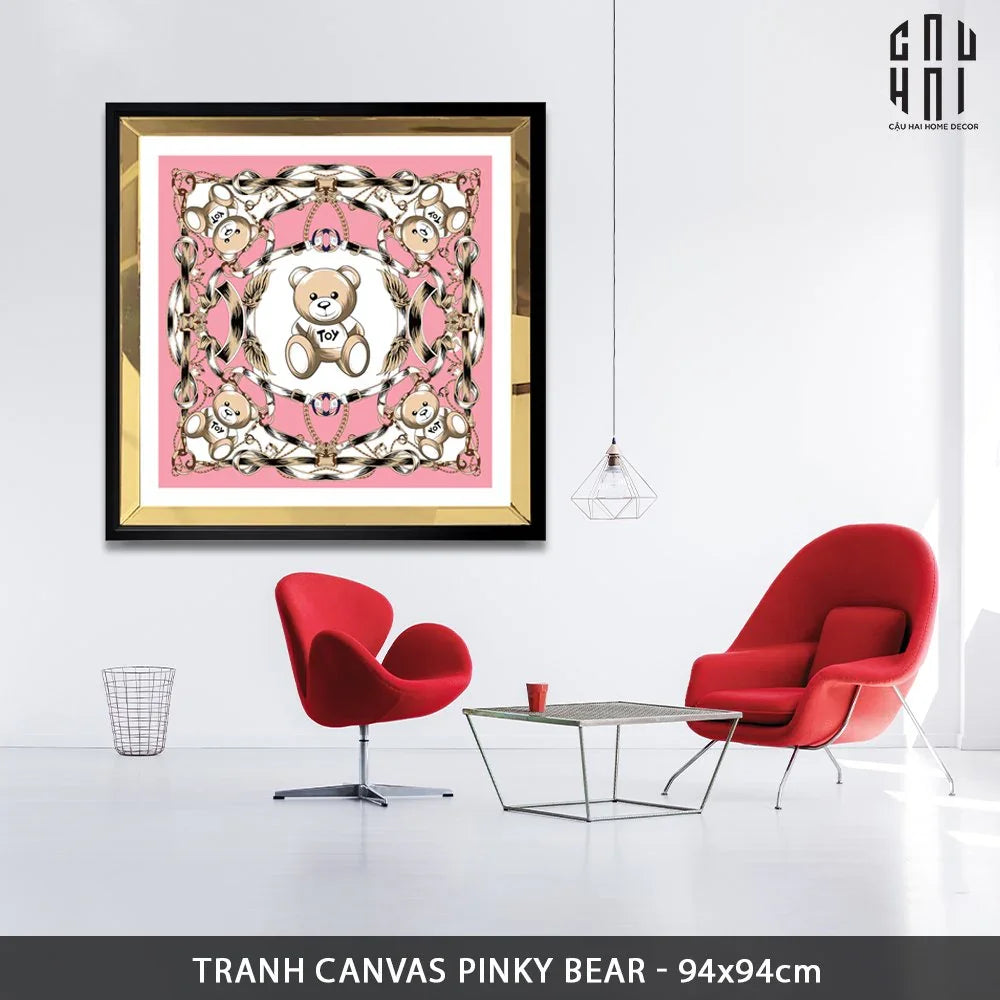 TRANH CANVAS PINKY BEAR 94X94CM - VIỀN GỖ CÓ KÍNH-CẬU HAI HOME DECOR