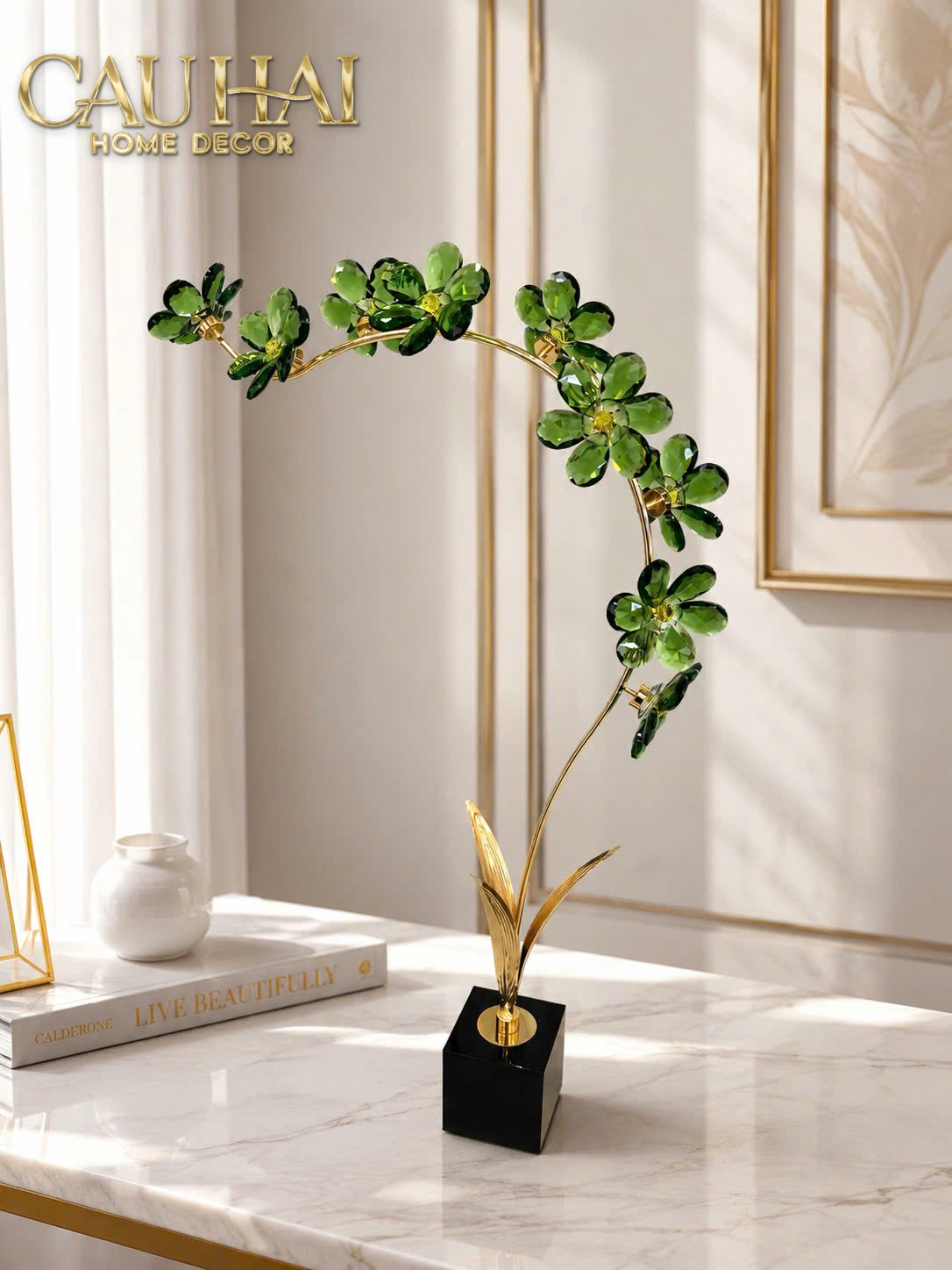 Tượng Cành Hoa Pha Lê Crystal Canopée Émeraude H60x30-CẬU HAI HOME DECOR